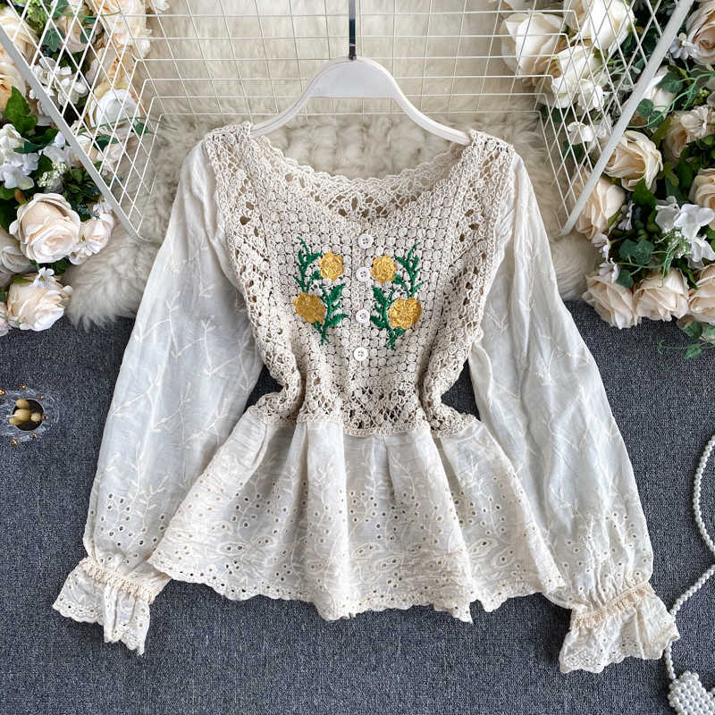 Women Fashion Bohemian Vintage Crochet Hollow Knitting Sweet Embroidered Tops Long Sleeve Blouse and R782 210527