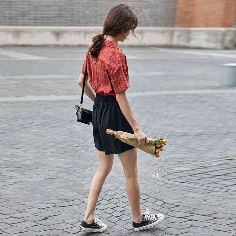 Elegant Notched Collar Plaid Blouse Batwing Short Sleeve Office Casual Shirt Summer Loose Ladies Tops Vetement Femme 210508