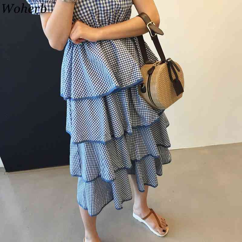 Fashion Short Sleeve Plaid Cake Dress Women Office Lady Korean Casual Loose All Match Streetwear Dresses Vestidos 210519