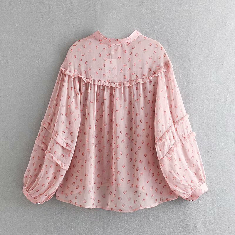 Sweet Small Fruit Print Ruffles Silk Blouse Spring Summer Cute Girls Stand Shirts Long Sleeve Casual Female Blusas 210520