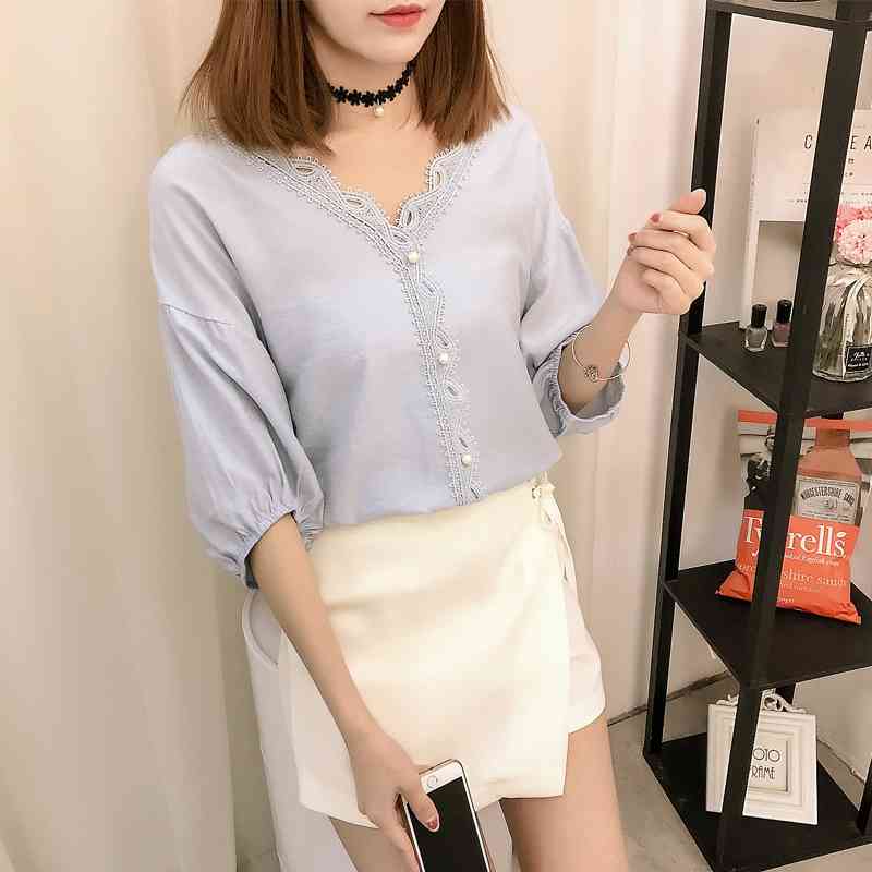 summer women fashion clothing tops lace solid sweet style v-neck casual blouses shirts 0340 40 210506