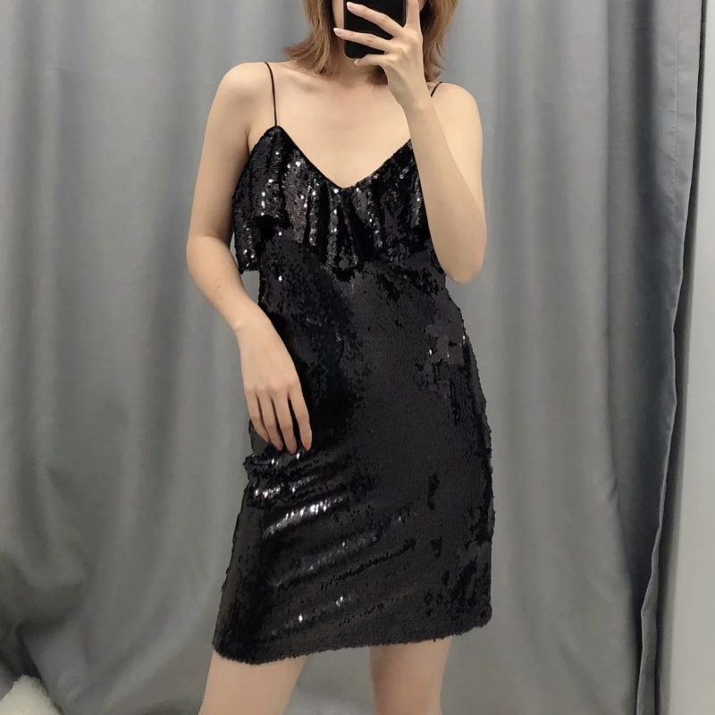 Spring Women V Neck Cascading Ruffle Sequins Suspender Mini Dress Female Clothes Casual Lady Slim Vestido D7072 210430