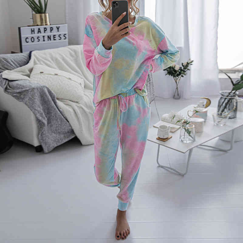 Tracksuit Casual suit Autumn Winter Women's Suit Tie dye Printed 0-Neck Sweatshirt + Long Pant 2 Piece Set 210515