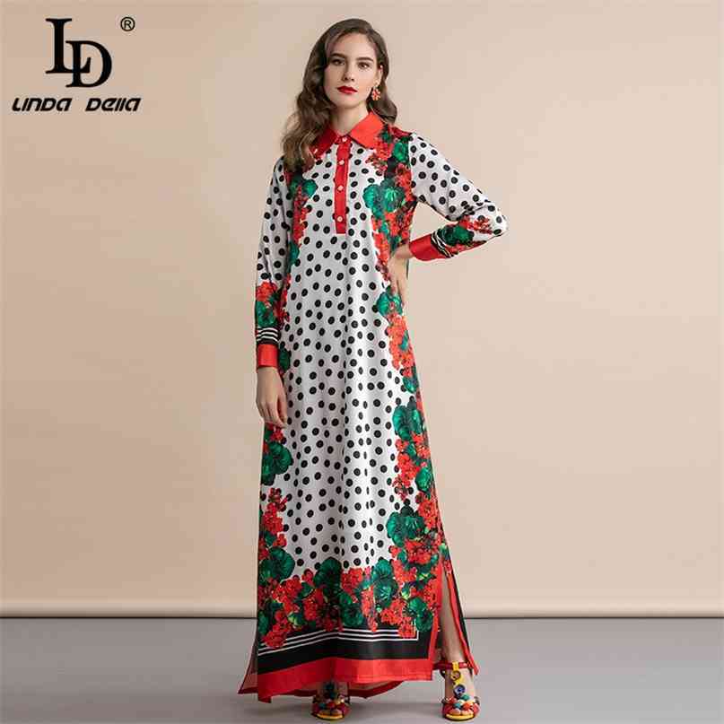 Summer Fashion Runway Maxi Dress Women's Long Sleeve Polka Dot Floral Print Elegant Vintage Plus size 210522