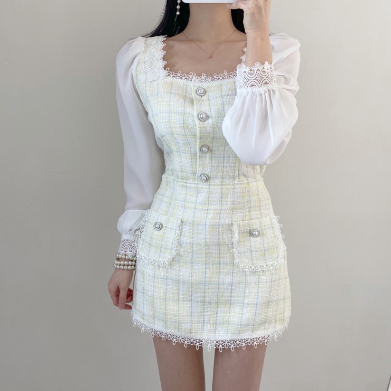 Korea Spring Fashion Temperament Sweet Chiffon Patchwork Tweed Elegant Square Collar Top + High Waist Mini Skirt Suit 210518