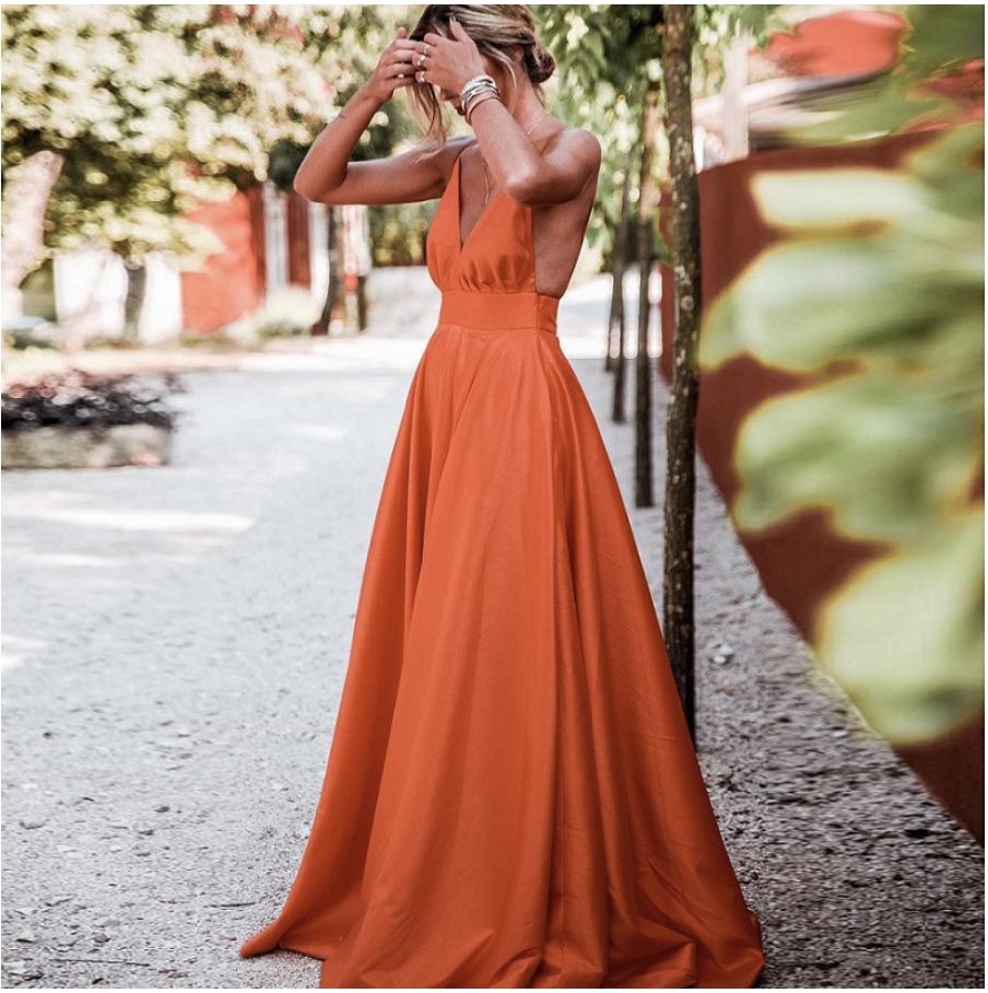 Orange A Line Long Prom Dresses 2021 Sexy V Neck Backless Spaghetti Strap Evening Dress Party For Women Formal Gowns