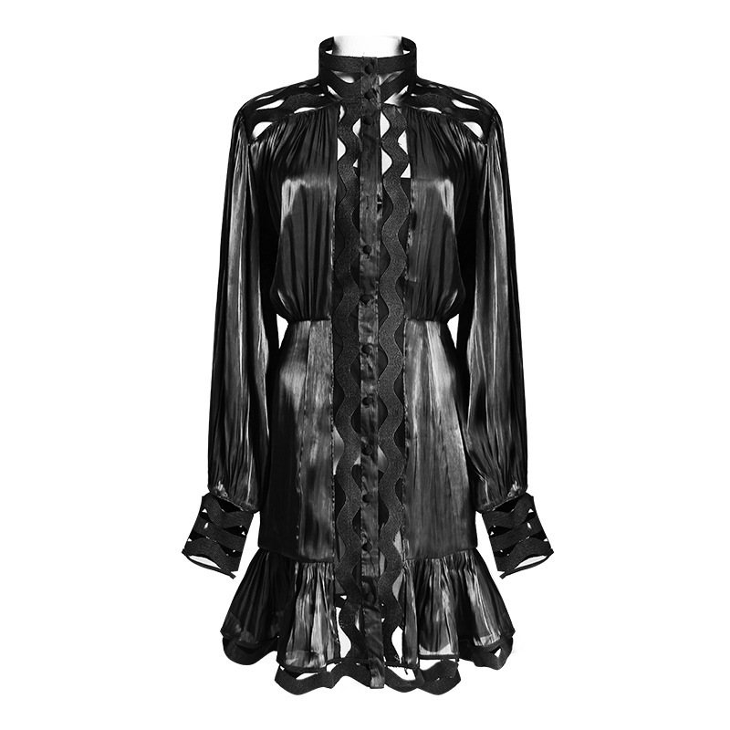DEAT sumemr stand collar lantern full sleeves hollow out high waist white and black dress vacation tide WR44900L 210428