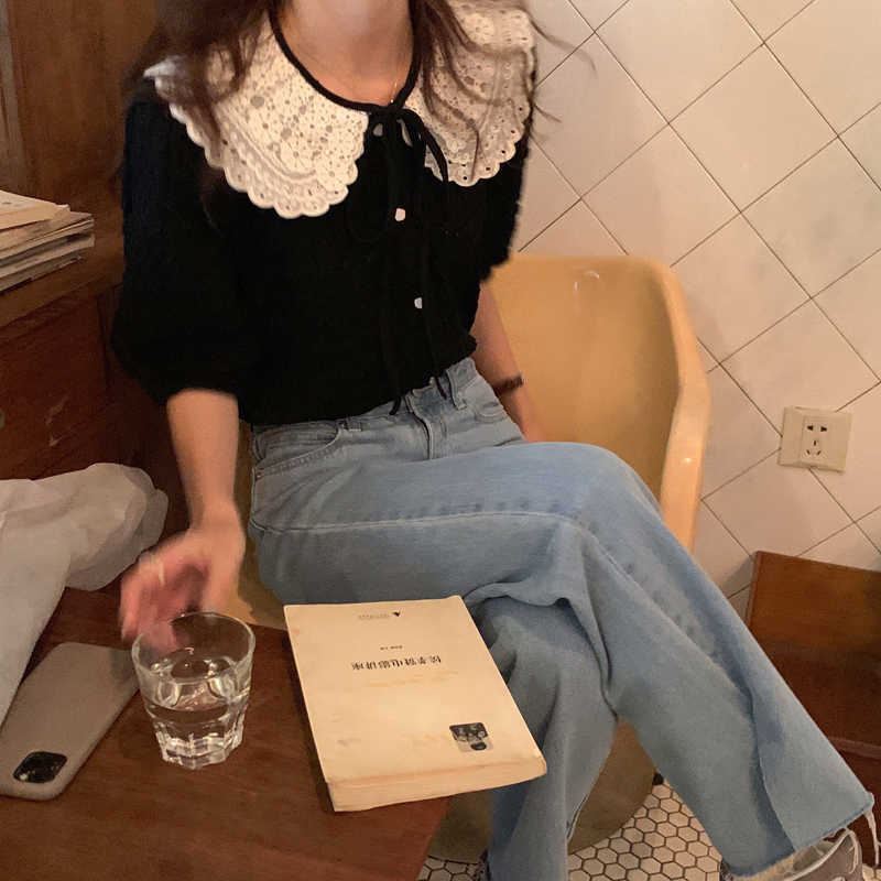Korejpaa Women Shirt Korea Chic Summer Gentle Doll Collar Lace Crochet Bow Fold Single-breasted Short-sleeved Blouse Female 210526