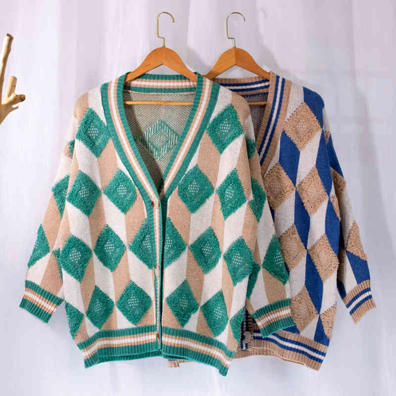 Autumn Winter V-neck Single-breasted Knitted Sweater Coat Vintage OL Oversized Thick Knit Cardigan Tops Sweaters 210421