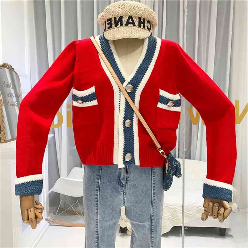 Spring Autumn Women's Cardigan Korean Style Contrast Color V-neck Knit Single-breasted Long Sleeve s LL359 210506