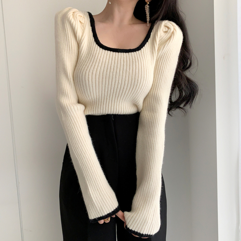 Women Autumn Winter Sweater and Pull Jumpers Square Collar Long Sleeve Soft Warm Solid Korean Chic Knitting Tops 210519