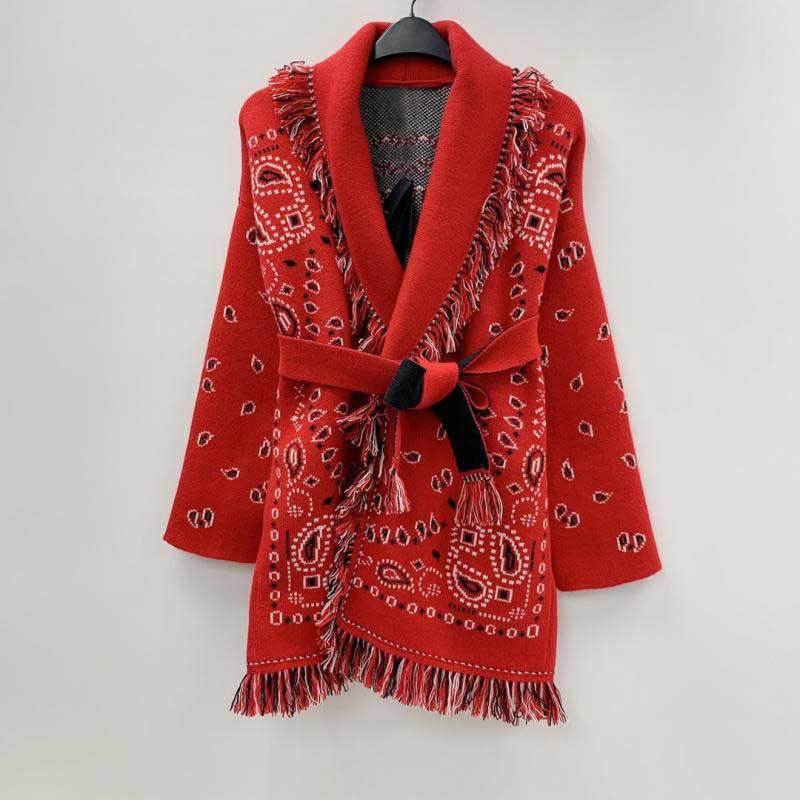 Red Cashmere Blend Fringed Cardigan Oversized Long Sleeve Bohemian Winter Coat 2024 - Geometric Jacquard, V-Neck, Open B3
