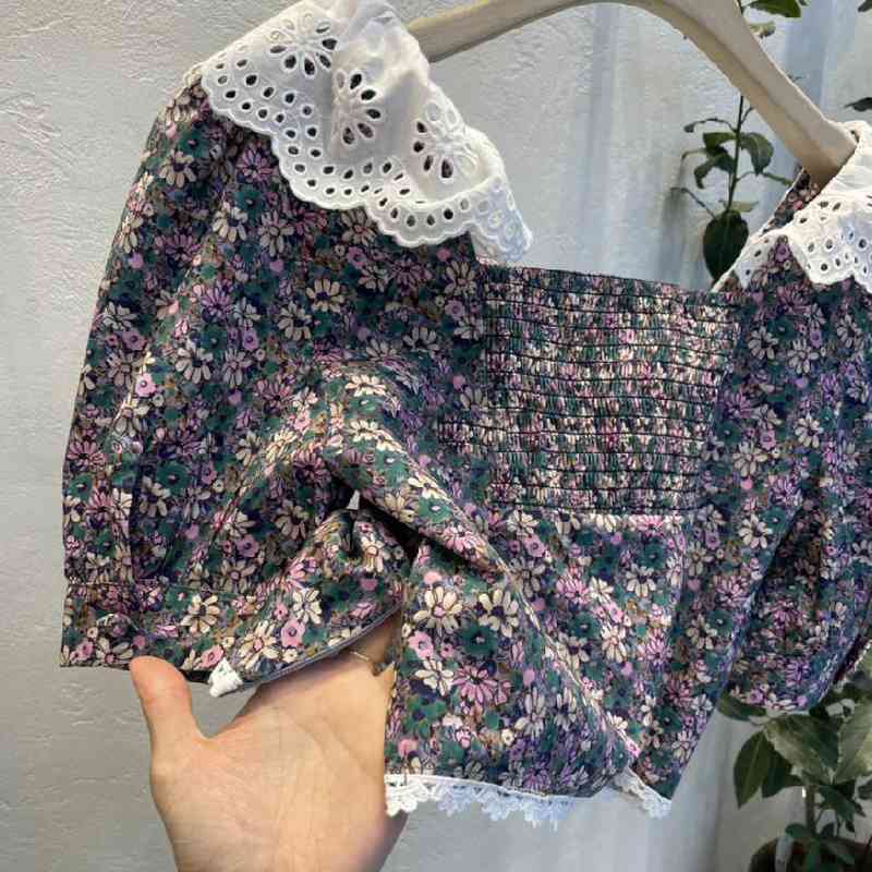 Nomikuma Women Shirts Blouses Lace Ruffle Square Collar Korean Floral Tops Puff Sleeve Summer Short Blusas Mujer Moda 6G669 210427