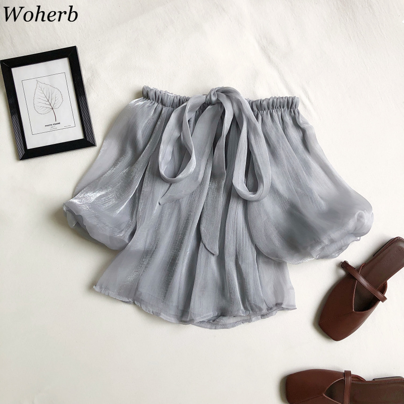 Summer Women Blouses Sweet Puff Short Sleeve Crop Lace Shirts Korean Off Shoulder Sexy Elegant Blusas Femininas 210519