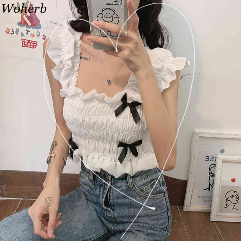 Summer Tops Solid Square Neck Short Fashion Blusas Mujer Tank Top Sweet Bow Patch Vinatge Girls Blouses Women 210519
