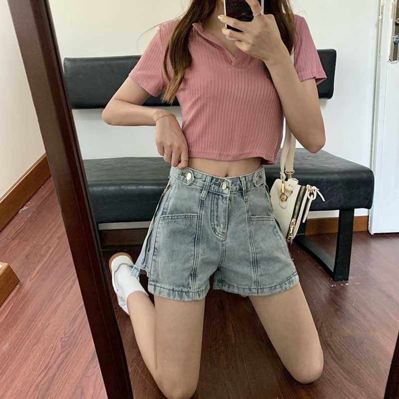 Yedinas High Waist Wide Leg Denim Shorts For Women Summer Jean Korean Style Zipper Decoration Loose Short Bottom Chic 210527
