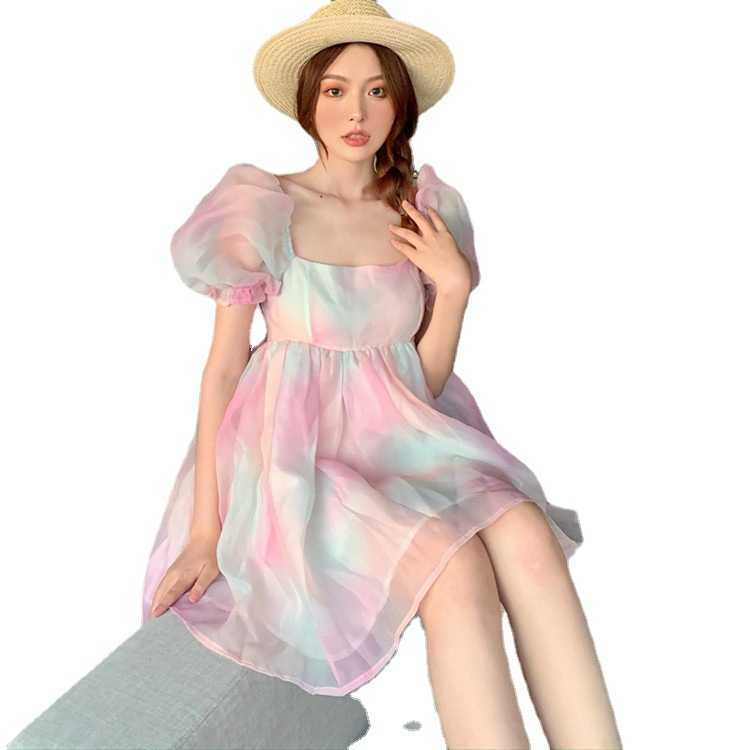 fashion style elegant princess dress rainbow fairy skirt bubble sleeve puffy short kawaii mini women 210623