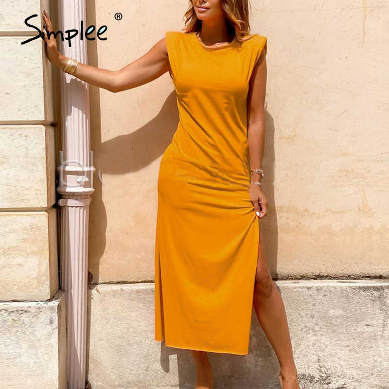 Sexy slim women sleveless long dress Solid straight high split female sundress Summer ladies shoulder pads maxi dresses 210630