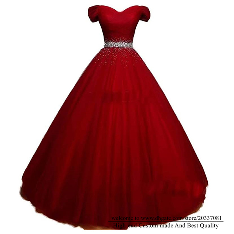 Sweety Sexy Sweetheart Crystal Red Ball Gown Formal Evening Dresses Ruffles Tulle Lace Up Cocktail Prom Party Gowns E23