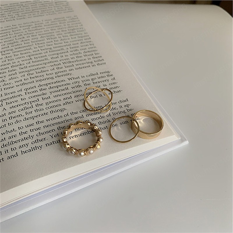Korean Ring 4pcs/set For Women Opening Ring Set Metal Adjustable Geometry Female Simple Creative Finger Rings Party Jewelry