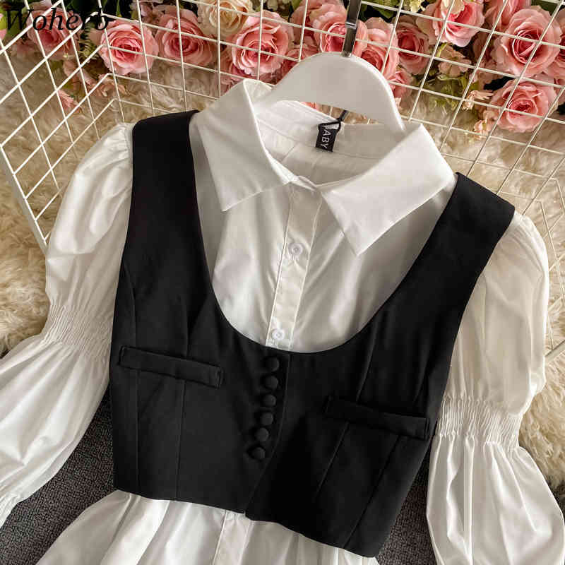 Black Vest + Long Puff Sleeve White Blouse Women Two Peices Set Korean Chic Outfits Spring Summer Casual Suit Femme 210519