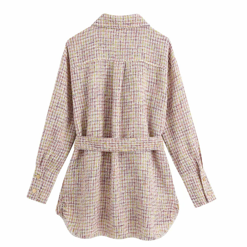 Small Fragrance Color Plaid Lapel Single Breasted Long Sleeve Chic with Belt Female Jacket Korean Autumn Fashion Women's Coat 210507