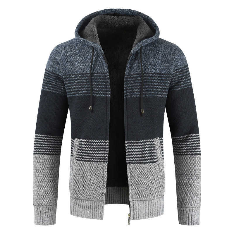 Sweater Coat Men Winter Thick Warm Hooded Cardigan Jumpers Men Striped Wool Liner Zipper Fleece Coats Men 211008