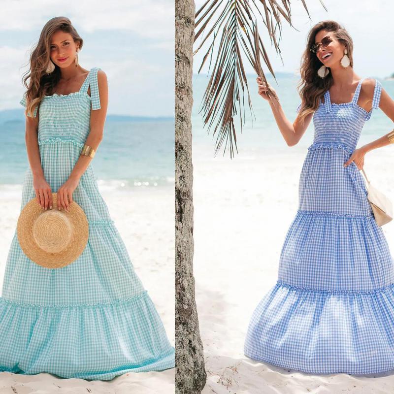 Women Dress Sleeveless Plaid Bohemian Dresses For Plus Size Vintage Sexy Long Beach Fashion 210524