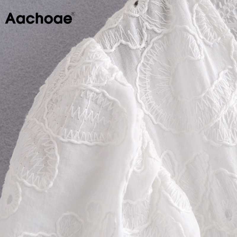 Aachoae Chic Floral Embroidery Midi Dress Women V Neck Puff Sleeve Sweet Dresses Ladies Elegant A Line White Cotton Dress 210630