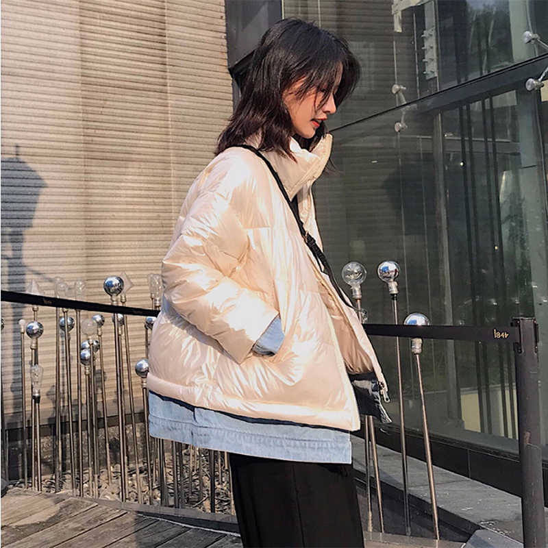 LY VAREY LIN Cotton Coats Autumn Winter Denim Patchwork Stand Collar Zipper Pockets Warm Korean Style Padded Jackets 210526