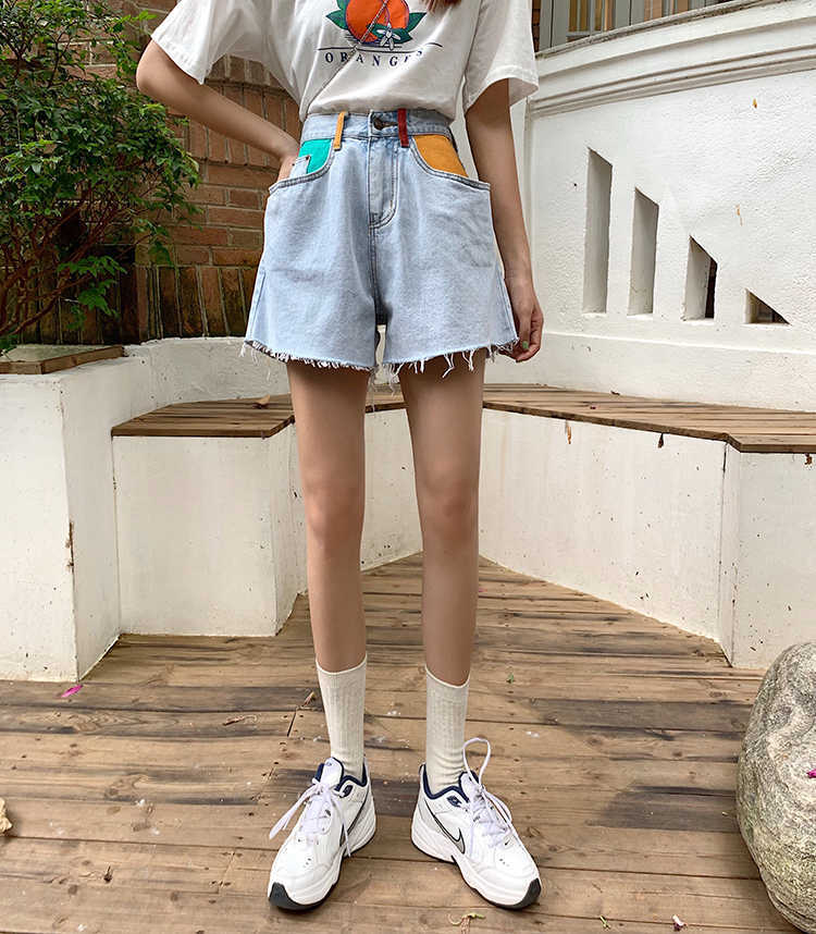 SML preppy style high Waist Denim Shorts jeans for Women Summer Ladies color patchwork pocket womens (F6379) 210724