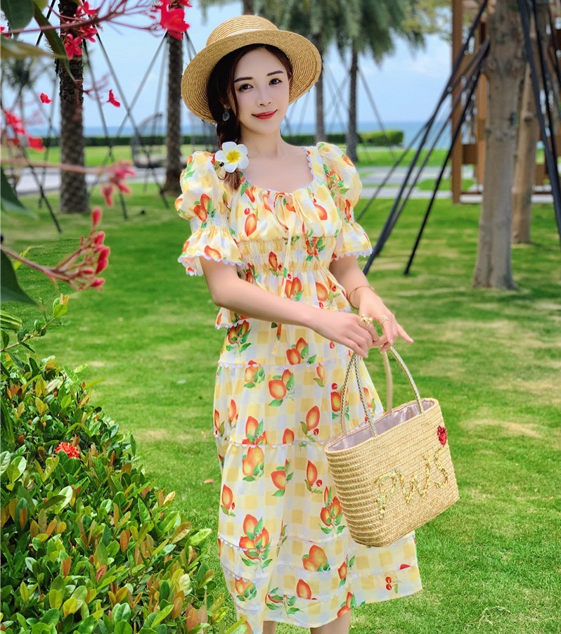 Vintage Bohemian Women 2 Pieces Set Summer Sweet Square Collar Puff Sleeve Slim Crop Top + High Waist Midi Skirts Suit Female 210519