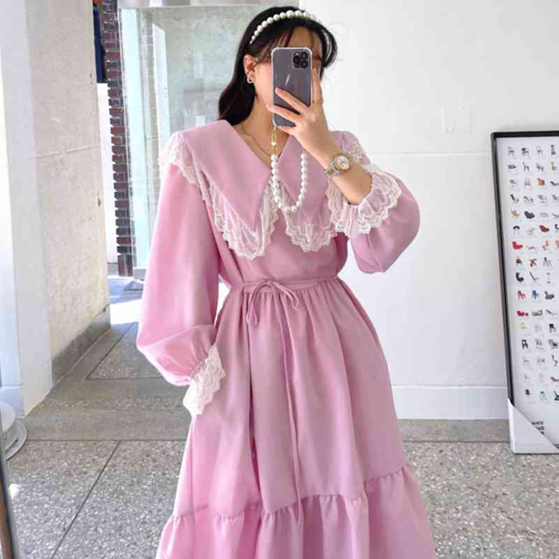 Neploe Spring Women Dress Vintage Lace Peter Pan Collar Slim Waist Sweet Vestidos Mujer Flare Sleeve Black Elegant Dresses 210422