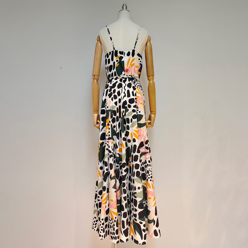 VGH Print Sling Dress For Women V Neck Sleeveless High Waist sashes slim Hit Color Summer Casual Dresses Female Fashion 210421