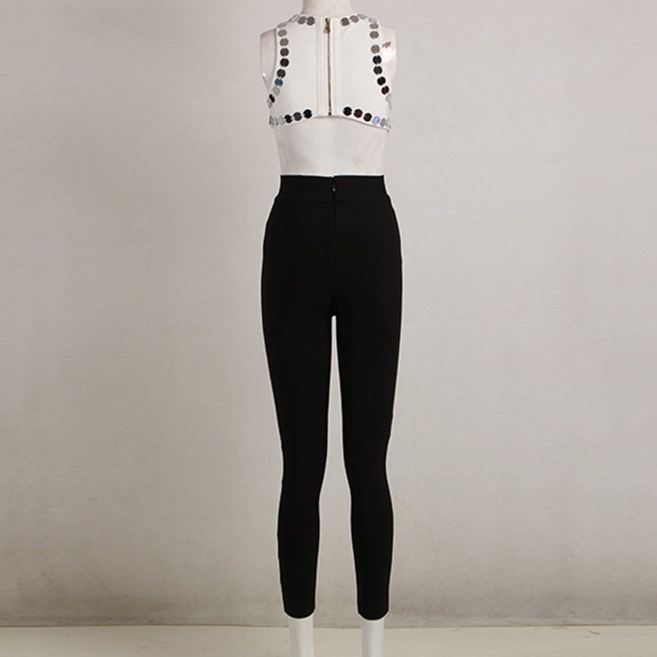 Women'S Bandage Jumpsuit Celebrity Party Sexy Bodycon Black And White Stitching Sequins Sleeveless 210525