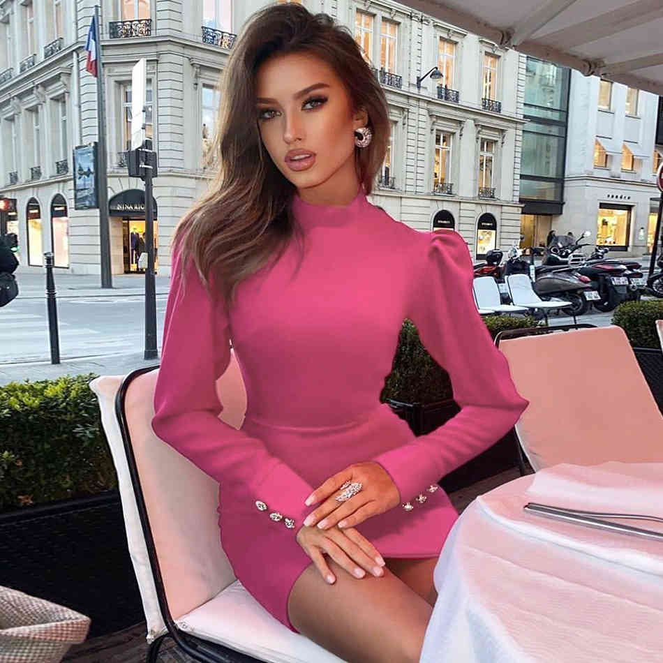 Free Rose Red Mini Dress Arrival Ladies Stand Collar Bubble Long Sleeve Sexy Bodycon Club Party Vestidos 210524