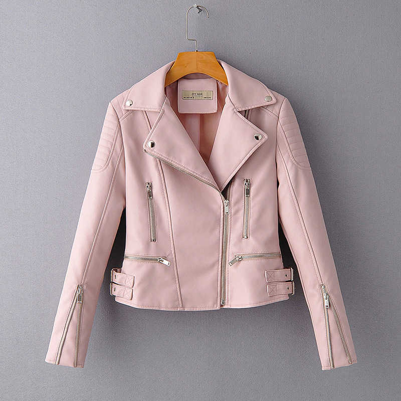 Ly Varey Lin Faux Soft Leather Short Jacket Women Pu Motorcycle Rivet Zipper Basic Jackets Female Black Pink Punk Outerwear 210526