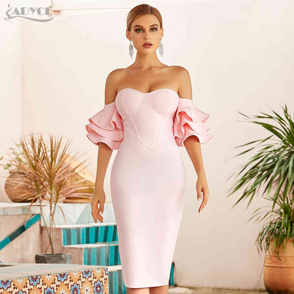Summer Women Pink Off Shoulder Bodycon Bandage Dress Sexy Butterfly Short Sleeve Celebrity Runway Party Dresses 210423