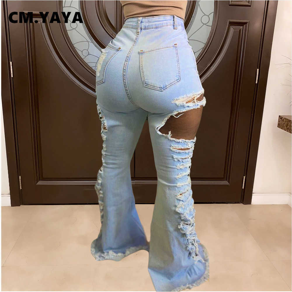 CMYAYA Women Jeans Mid Waist Ripped Elastic Sheath Full Length Denim Flare Pants Female Fashion Casual Trousers Summer 210922