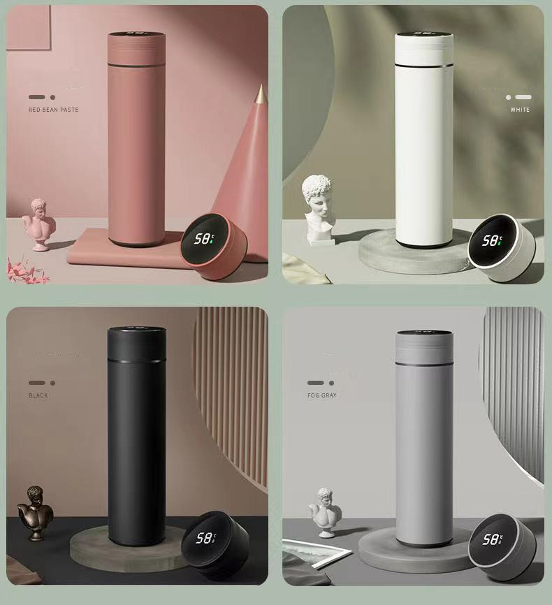 Vacuum Cup with Temperature Display Tea Brewing Coffee Car Cup 16.2oz 480ml Stainless Steel Water Bottle Macaron Color Style