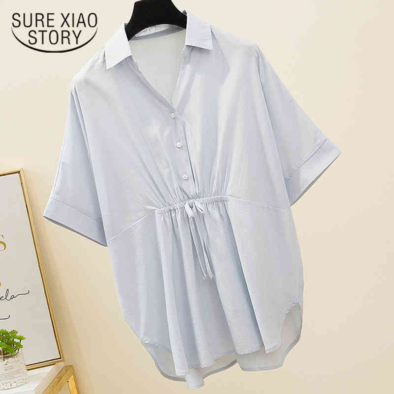 Summer Plus Size 5XL Elegant V-neck Solid Large Girl's Slim Shirts Korean Style Loose Blouse Women White Tops 9884 210506