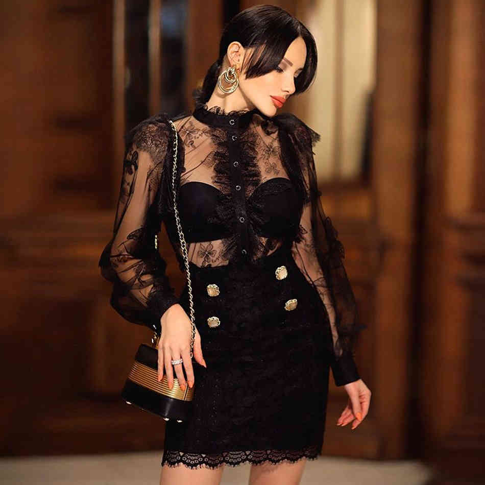 Summer Women Long Sleeve Bandage Sets Sexy Lace Buttons Club Celebrity Runway Party Black 3 Three Pieces 210423