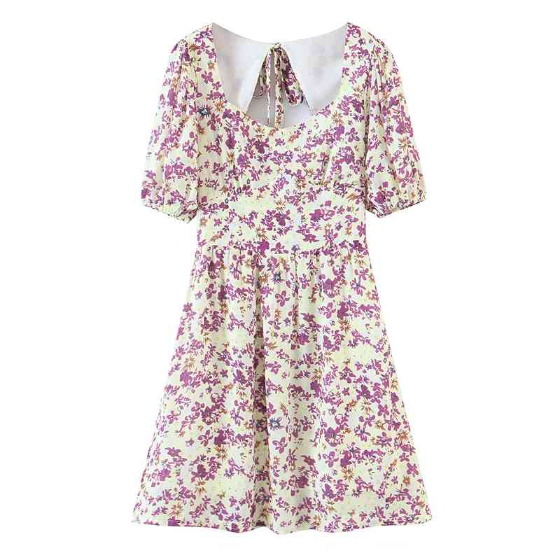 Summer Women Flowers Print Backless Bow Short Sleeve Ladies Mini Dress Vestidos 8M9 210416