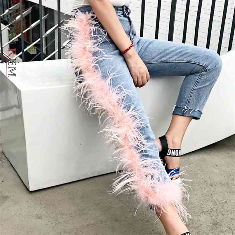 LANMREM Fashion Women High Waist Broken Tassels Fur Patchwork Washted Jeans Female Pants WH61705L Street 210809