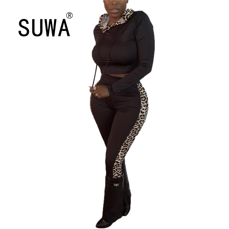 Two Piece Outfits Side Leopard Striped Chic Women Set Slim Hoodies Top + High Waist Joggers Pants Sexy Fitness Wear 210525, Black 
Two Piece Outfits Side Leopard Striped Chic Women Set Slim Hoodies Top + High Waist Joggers Pants Sexy Fitness Wear 210525, Black