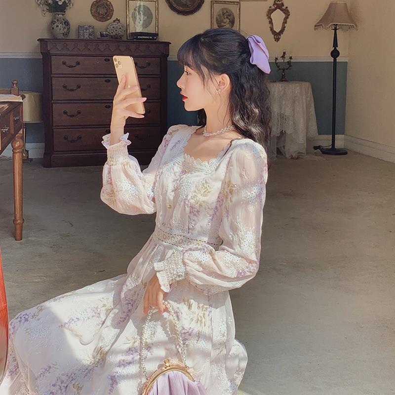 Evening Party Floral Dresses Women Lantern Sleeve Midi Elegant Vintage Dress Female Sweet Summer Dress Korean 210521