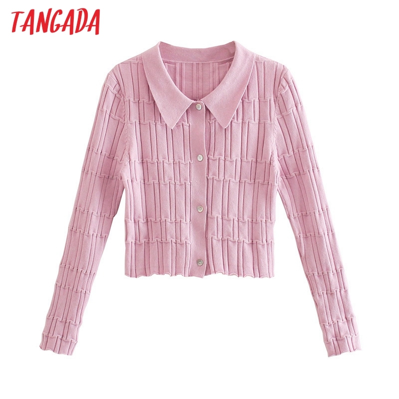 Women Striped Slim Crop Vintage Jumper Lady Fashion Knitted Cardigan Coat 3N34 210416