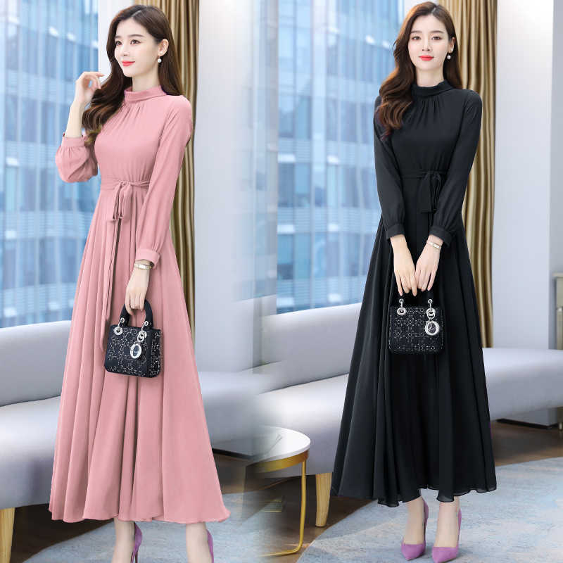 Elegant Solid Casual Chiffon Boho Beach Maxi Dress Spring Autumn Vintage Plus Size Black Dress Women Bodycon Party Vestidos 210630