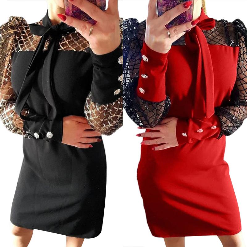 Fashion Women Ladies Sexy Solid Sequined Long Mesh Sleeve Bodycon Slim Mini Dress Summer Clothes Casual Dresses