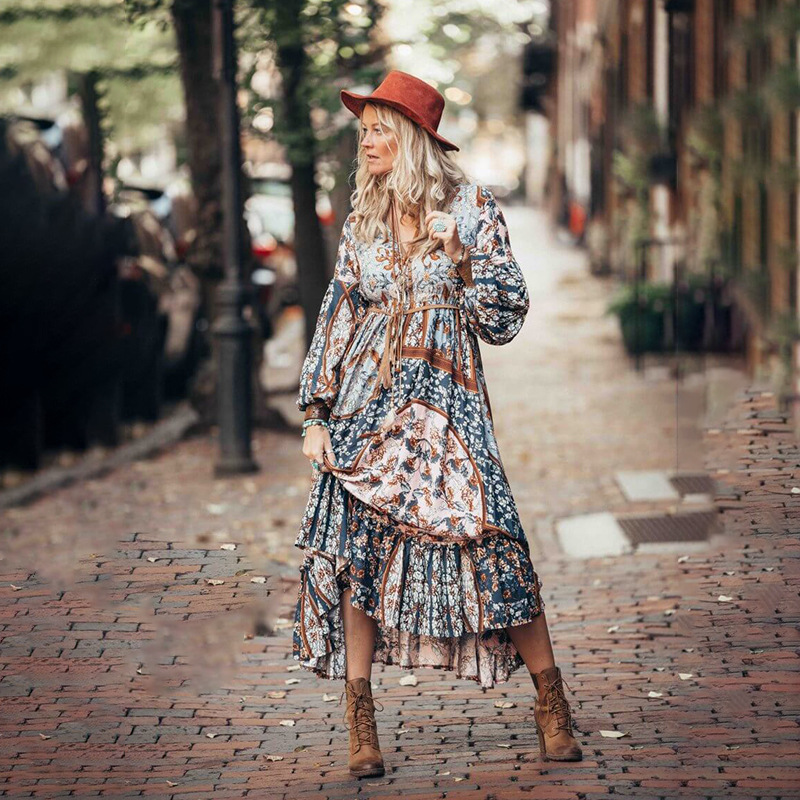 Women Dress V Neck Long Sleeve Print Maxi es Bohemian Ruffles Floral Lace Up Loose es 210524